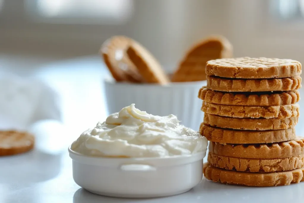 Two ingredients for viral Japanese yogurt cheesecake - thick Greek yogurt and Biscoff cookies side by side
