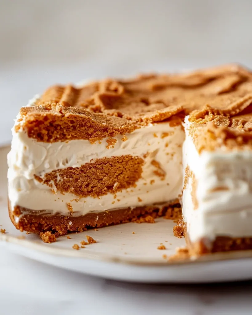 Sliced viral Japanese yogurt cheesecake showing creamy cheesecake-like texture with softened cookie layers