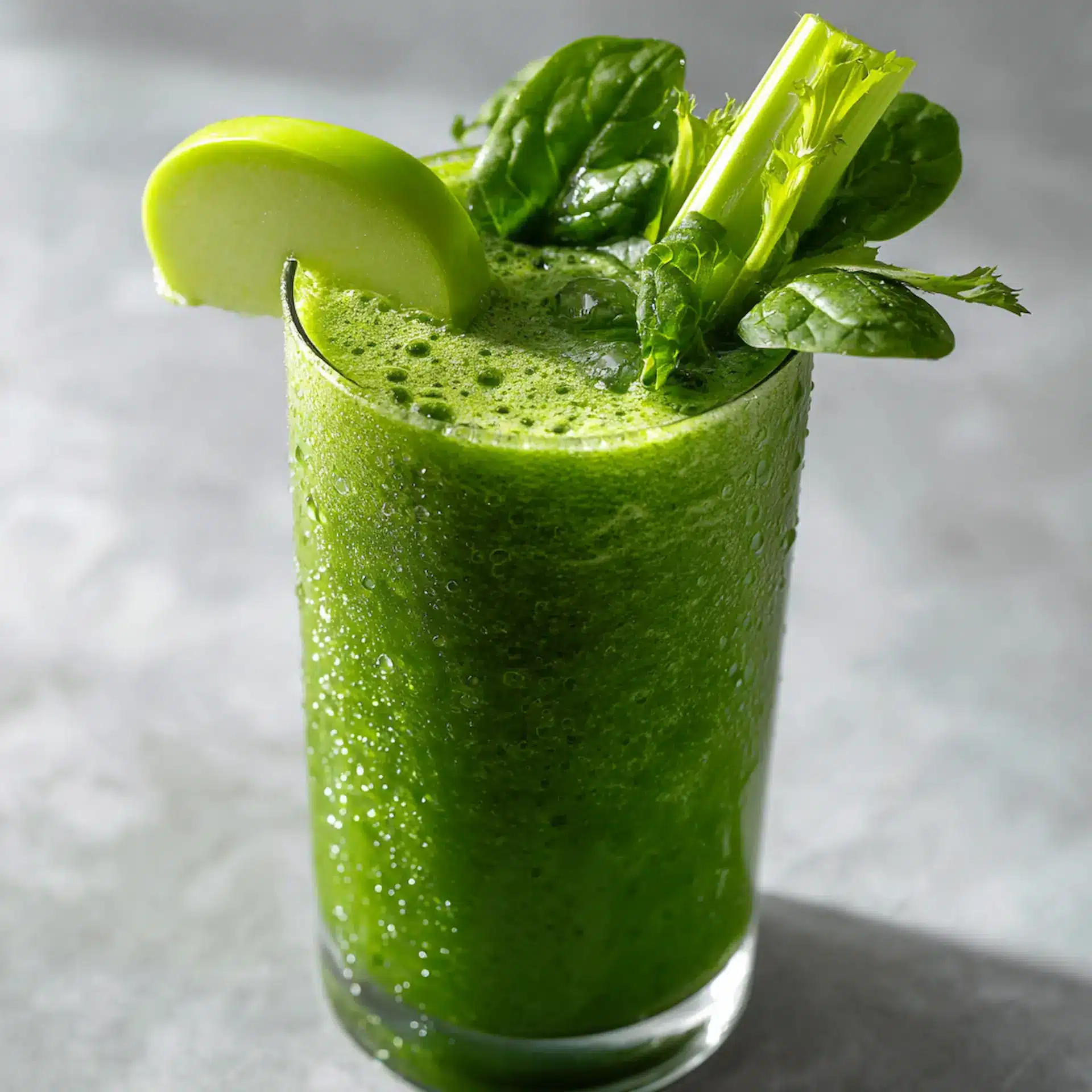 green detox smoothie for weight loss in glass with fresh spinach and celery