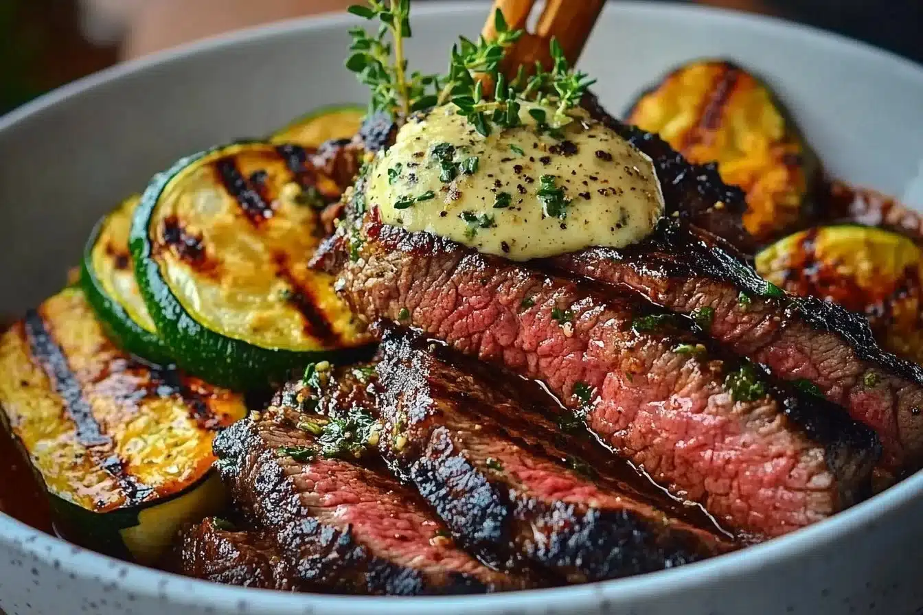 Delicious grilled steak bowl topped with sauce and grilled zucchini