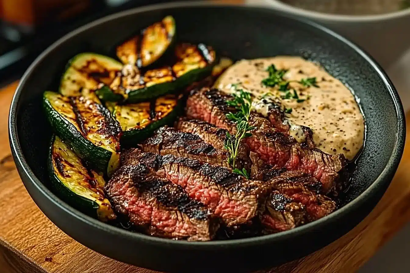 Grilled Steak Bowl with Sauce & Grilled Zucchini