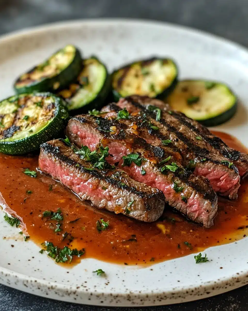 Delicious Grilled Steak Bowl with Sauce and Grilled Zucchini