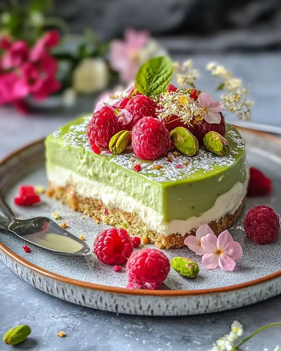 Delicious Heavenly Pistachio Raspberry Cake with vibrant raspberry sauce