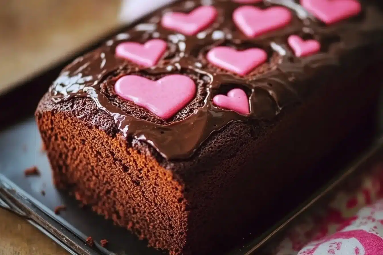 Delicious Hidden Heart Chocolate Loaf Cake topped with chocolate glaze