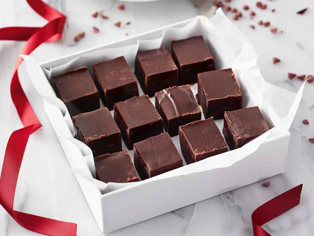 Homemade 3 ingredient chocolate fudge squares in decorative gift box with ribbon