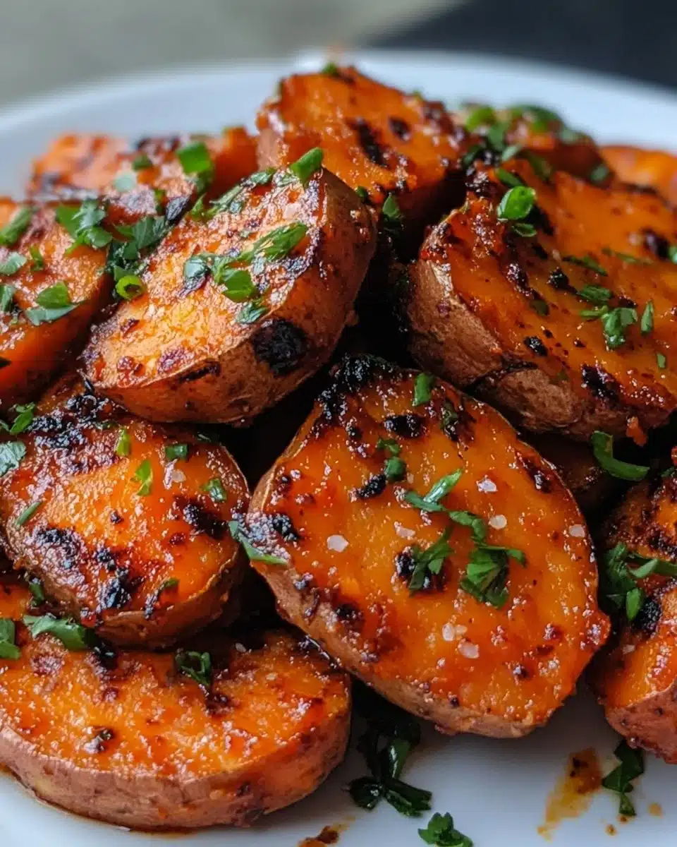 Honey chili smashed sweet potatoes served in a bowl