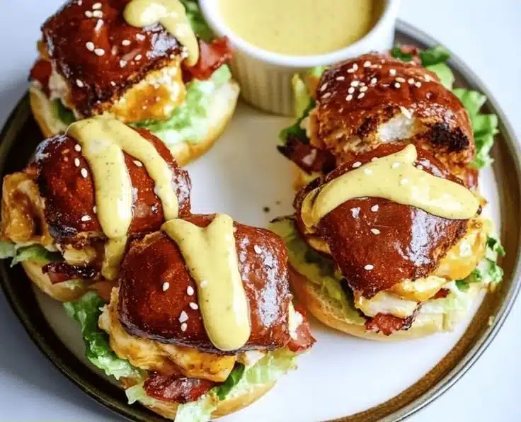 Honey Mustard BLT Chicken Sliders with bacon, lettuce, and honey mustard sauce.