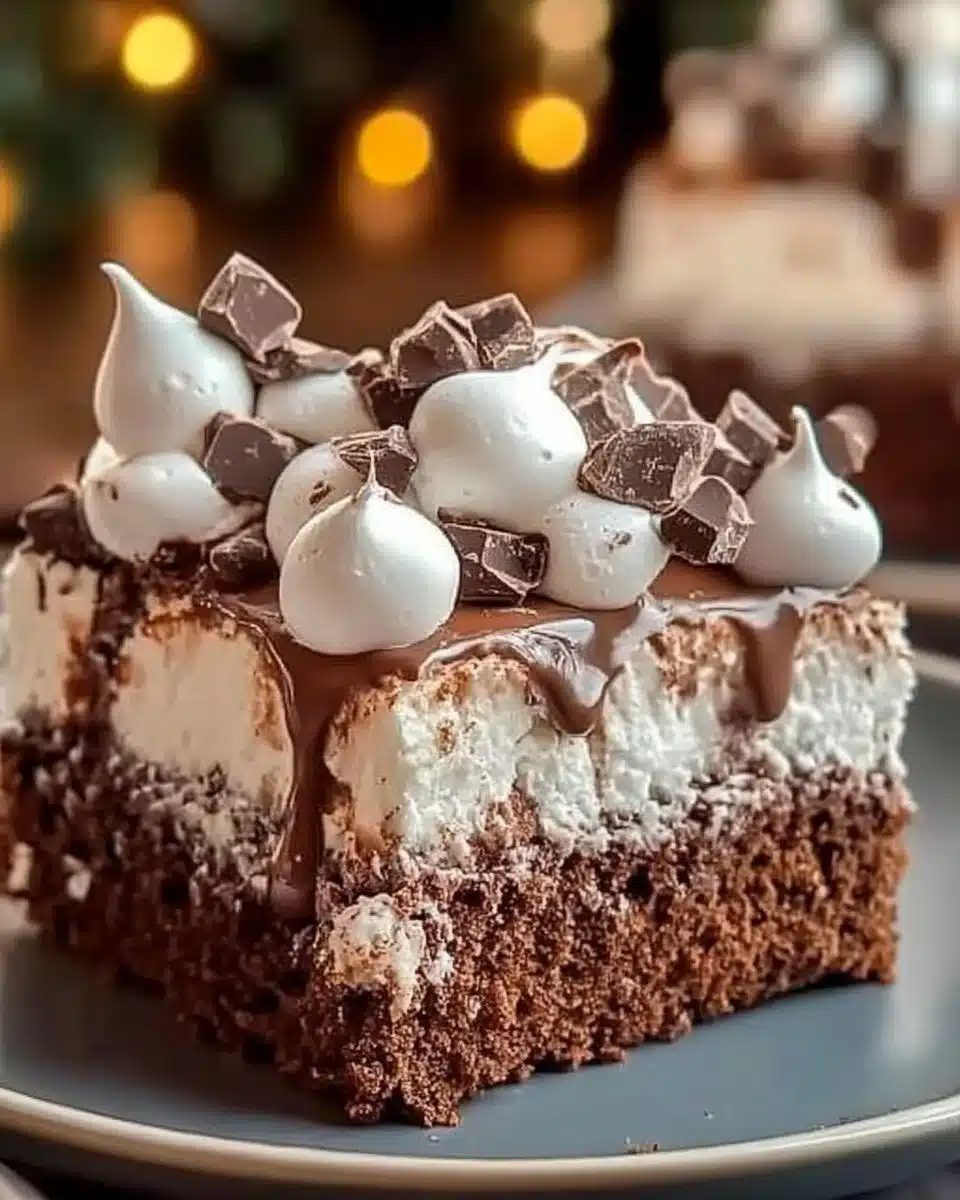 Delicious hot chocolate poke cake topped with whipped cream and chocolate drizzle.