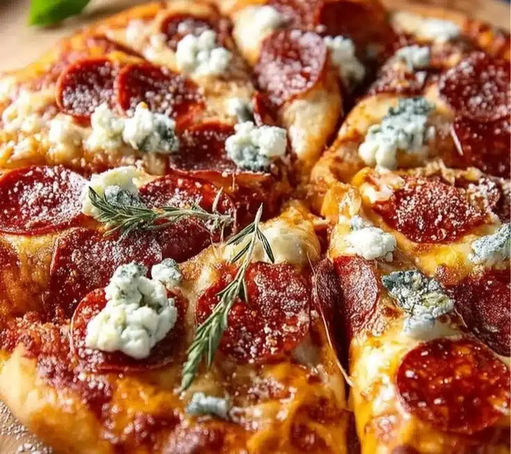 Delicious Hot Honey Pepperoni Ricotta Pizza with a spicy honey drizzle.