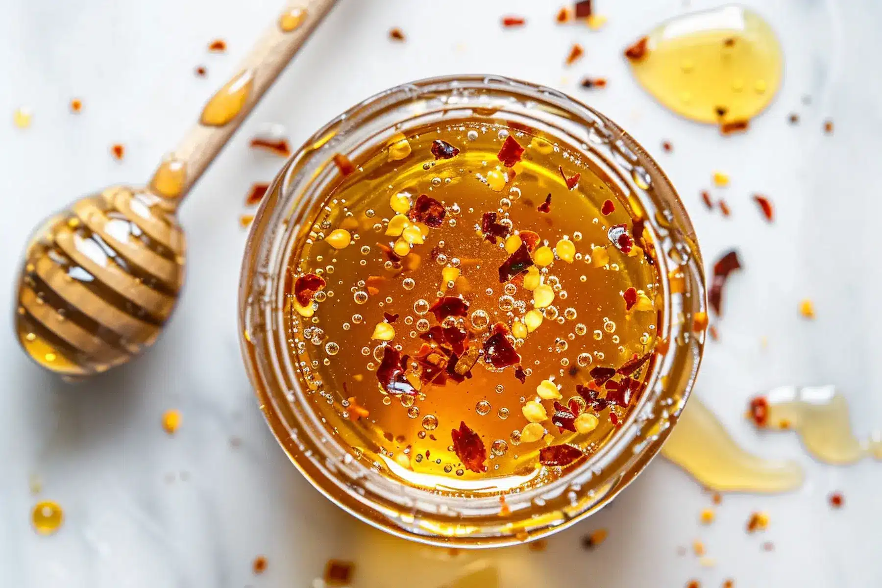 Hot honey recipe in glass jar with red chili flakes
