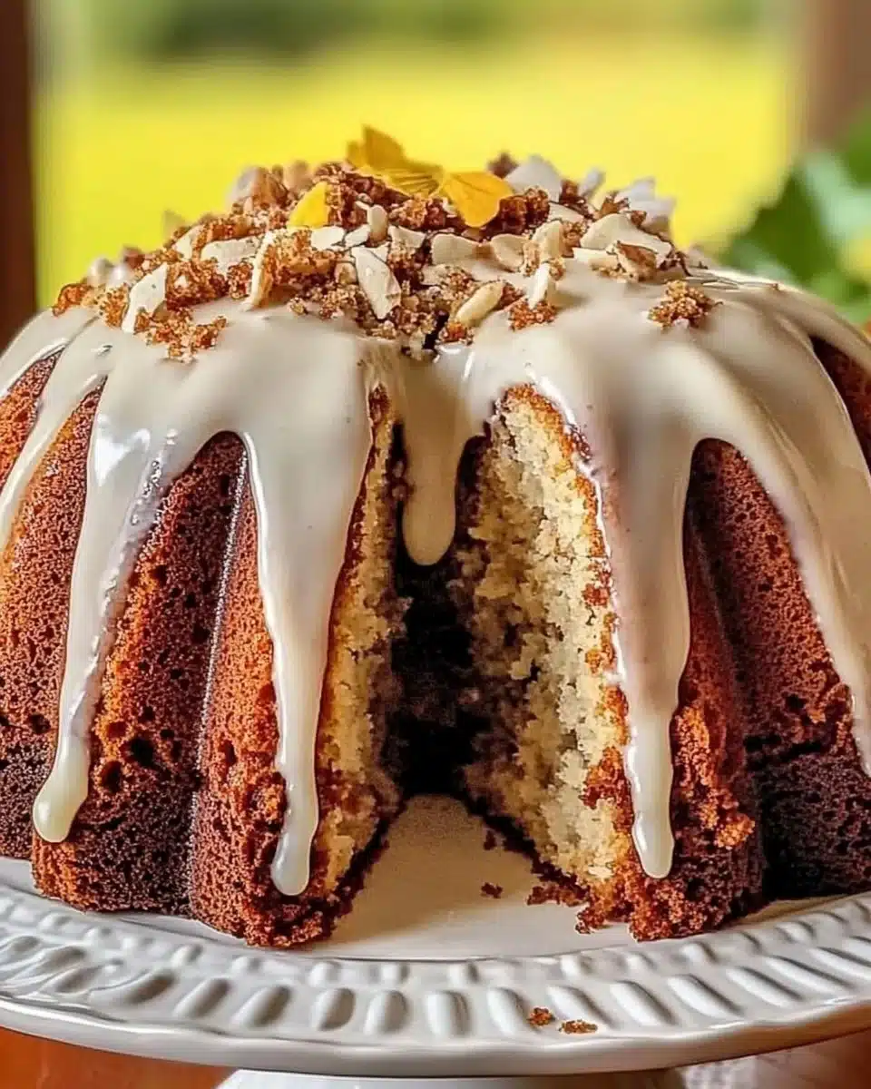Delicious Hummingbird Bundt Cake with banana and pineapple, elegantly presented.