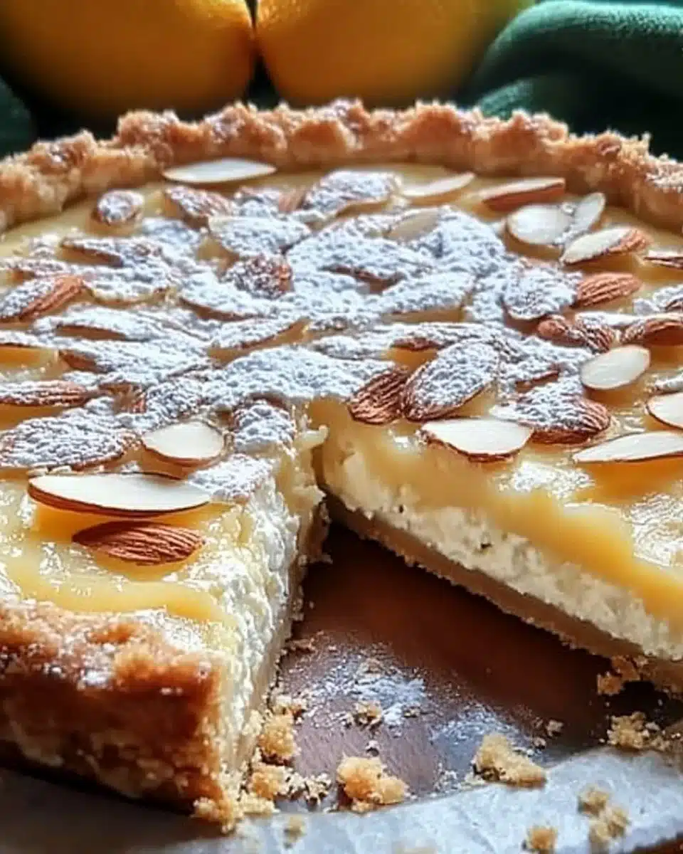 Delicious Italian Almond Ricotta Tart with almond flakes and creamy filling