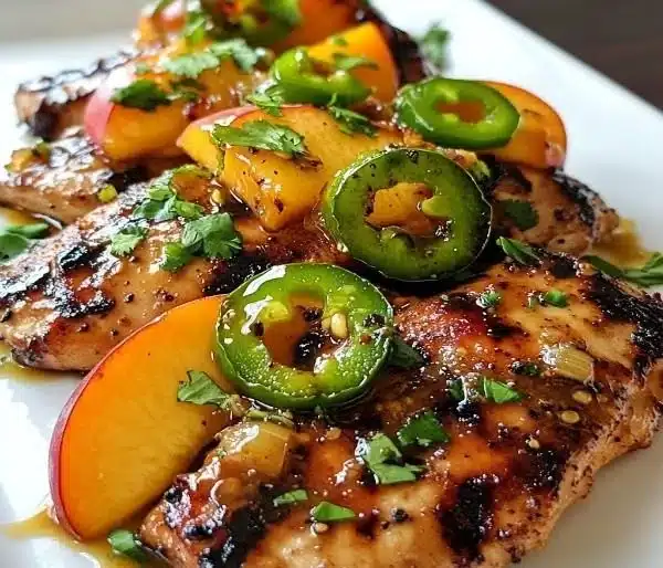 Plate of spicy Jalapeño Peach Chicken garnished with fresh herbs