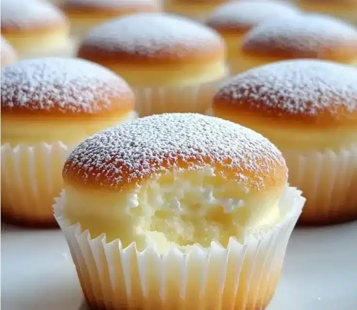 Deliciously fluffy Japanese Cotton Cheesecake Cupcakes on a rustic wooden table.
