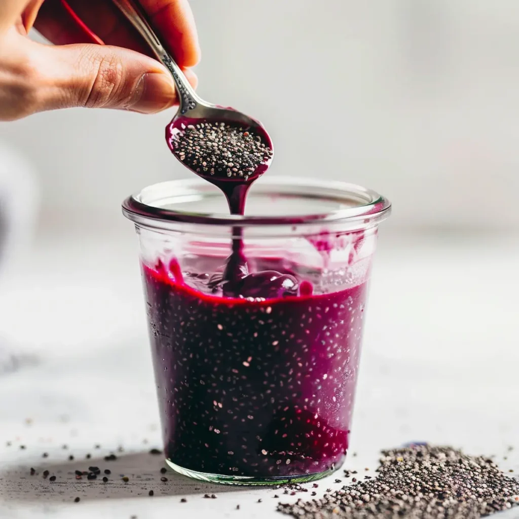 making-chia-jello-recipe-mixing-step Stirring chia seeds into juice for homemade chia jello recipe