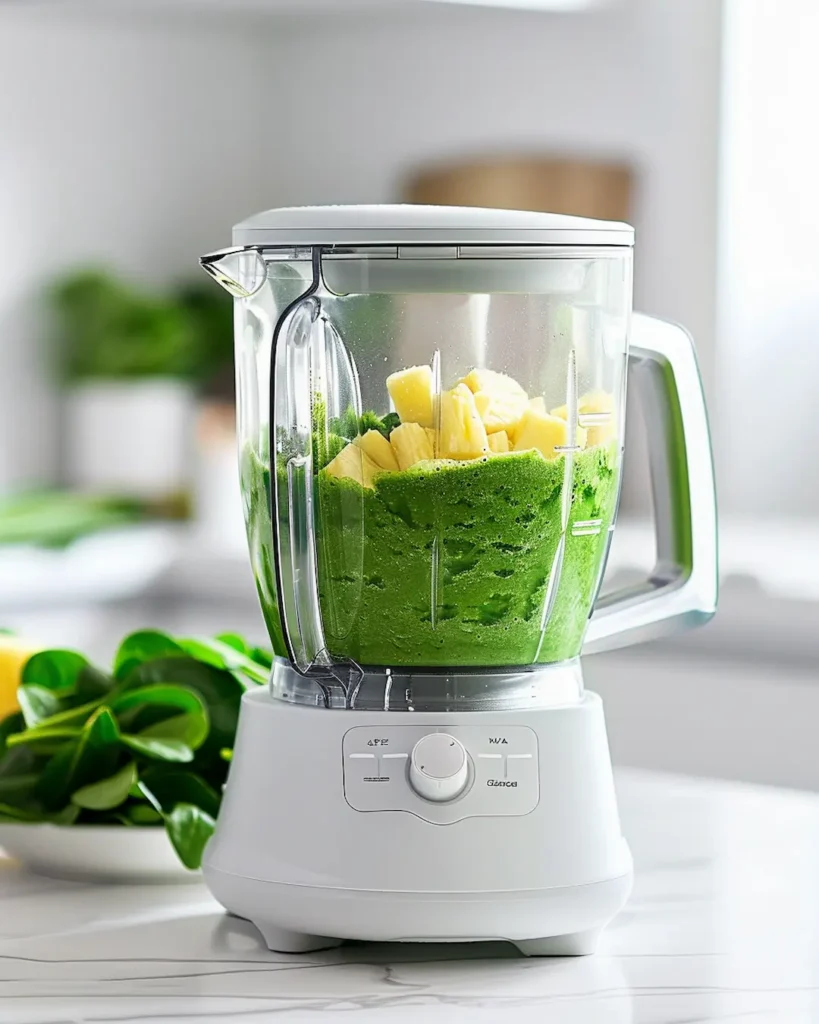 making pineapple spinach ginger smoothie in blender close up