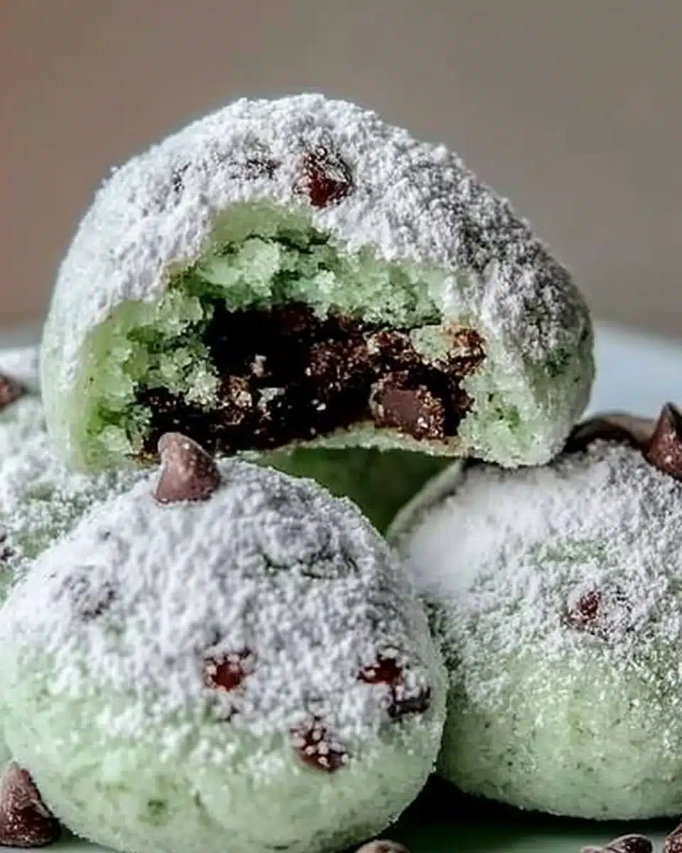 Mint Chocolate Chip Snowball Cookies on a festive platter