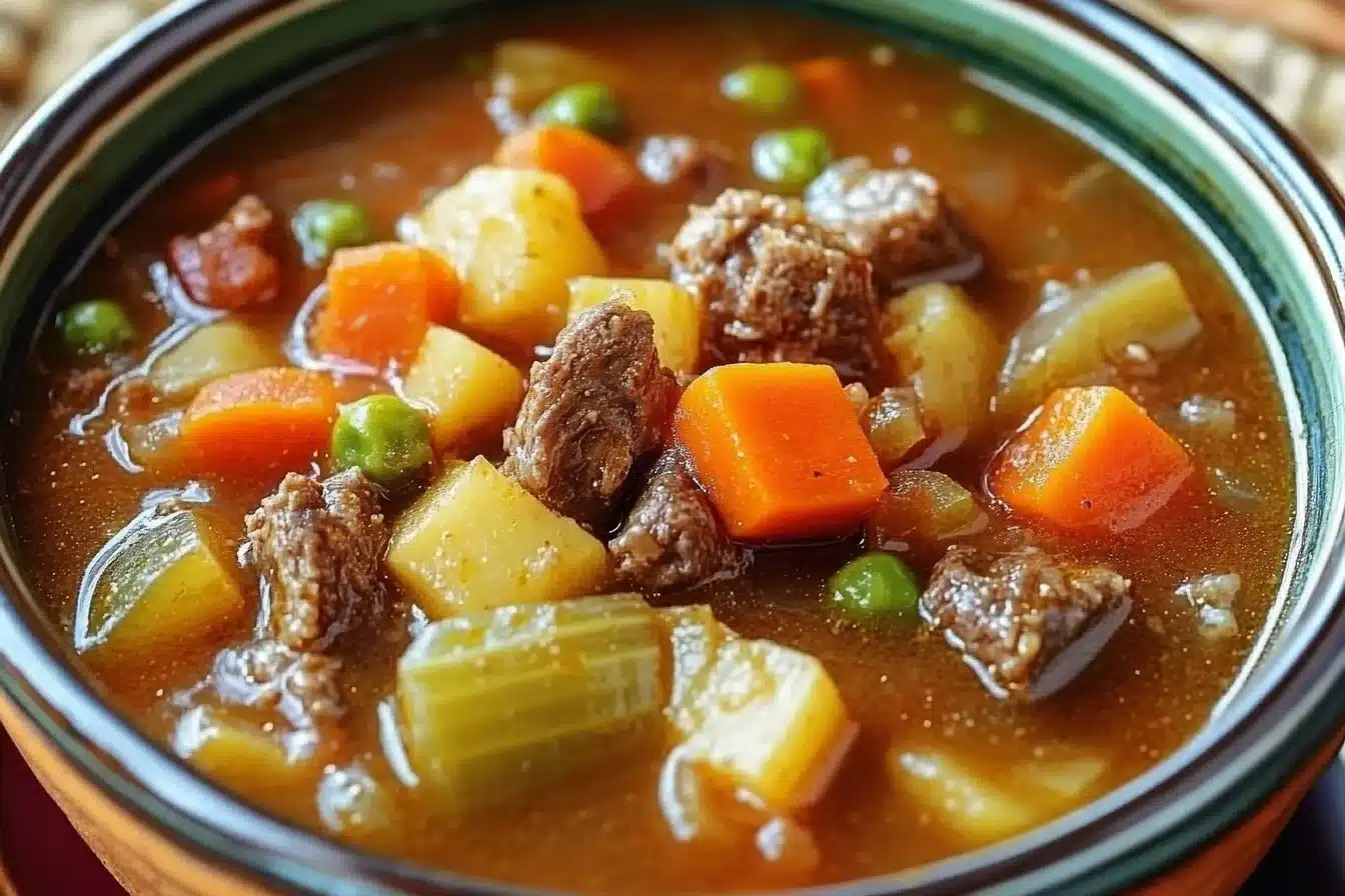 Bowl of my mom's old-fashioned vegetable beef soup with fresh vegetables and beef.