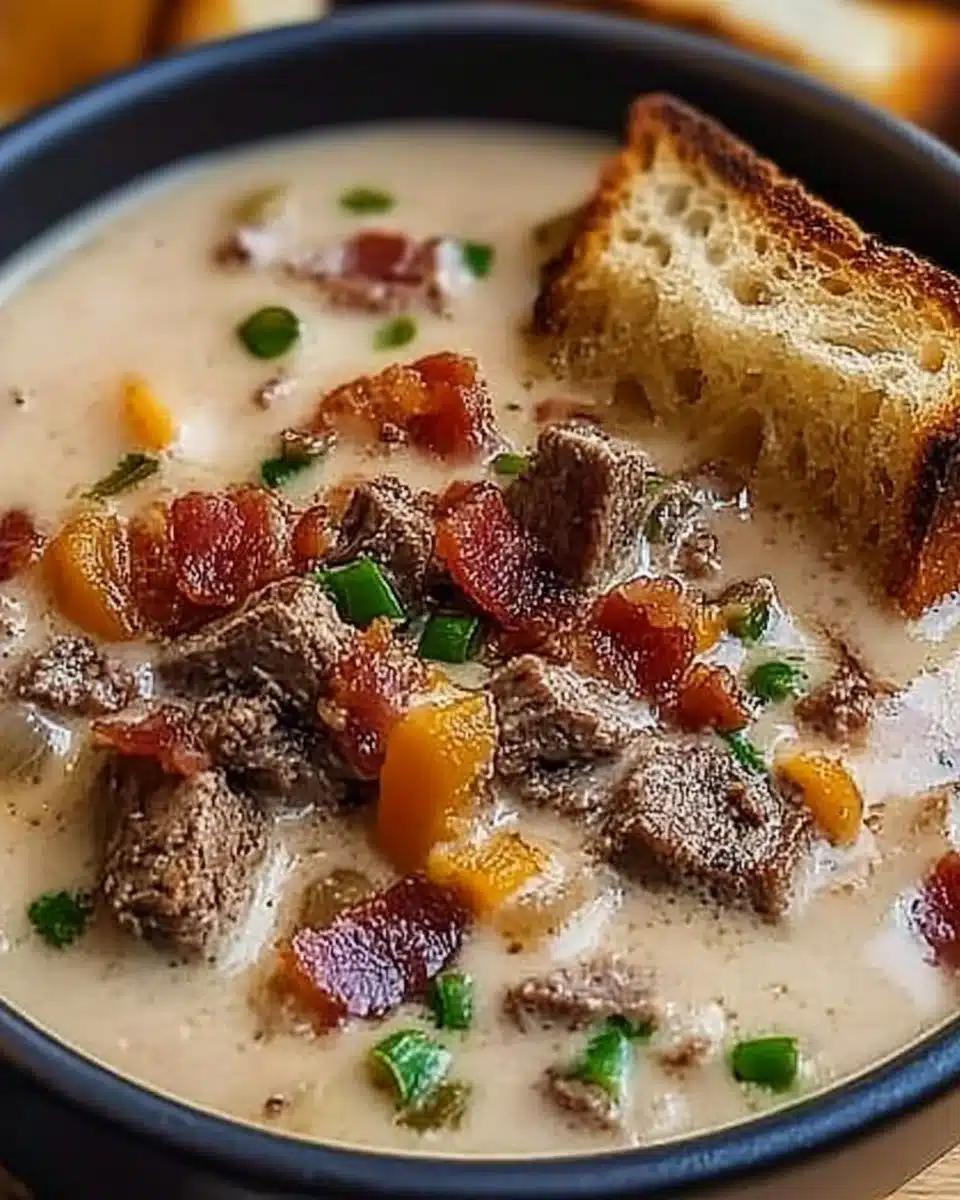 One-Pot Philly Cheesesteak Soup with Turkey Bacon served with Cheesy Toast