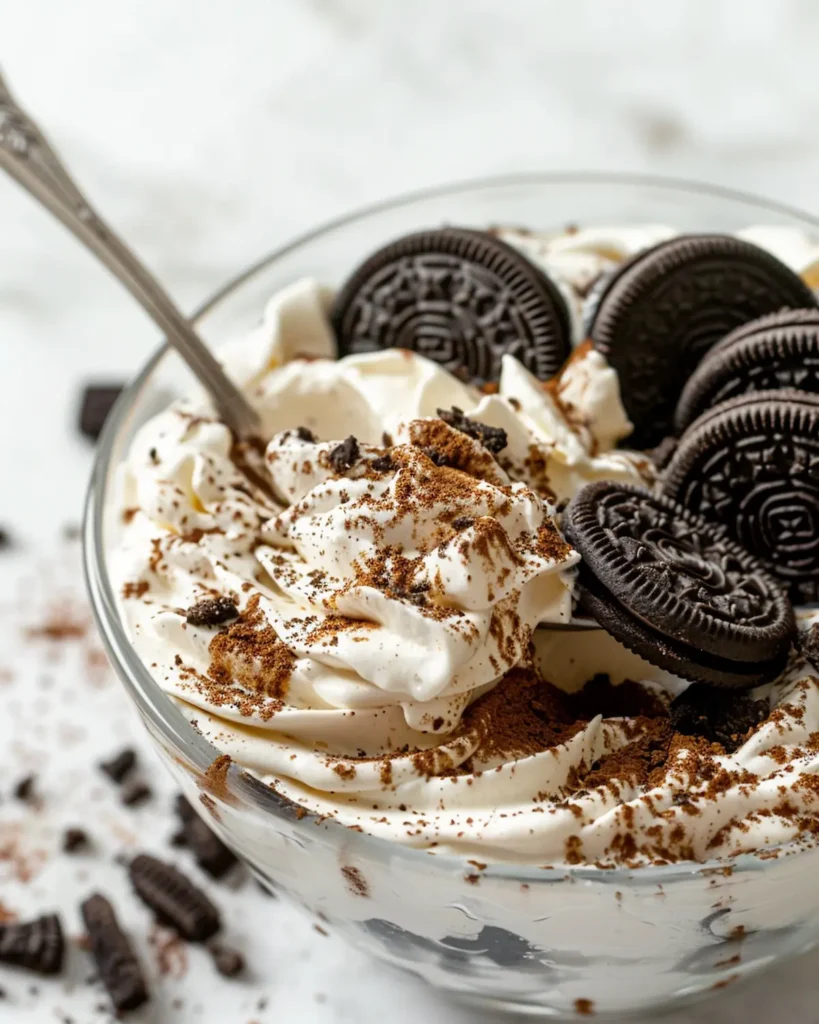 Oreo Japanese yogurt cheesecake with crushed Oreo cookies and cocoa powder on top