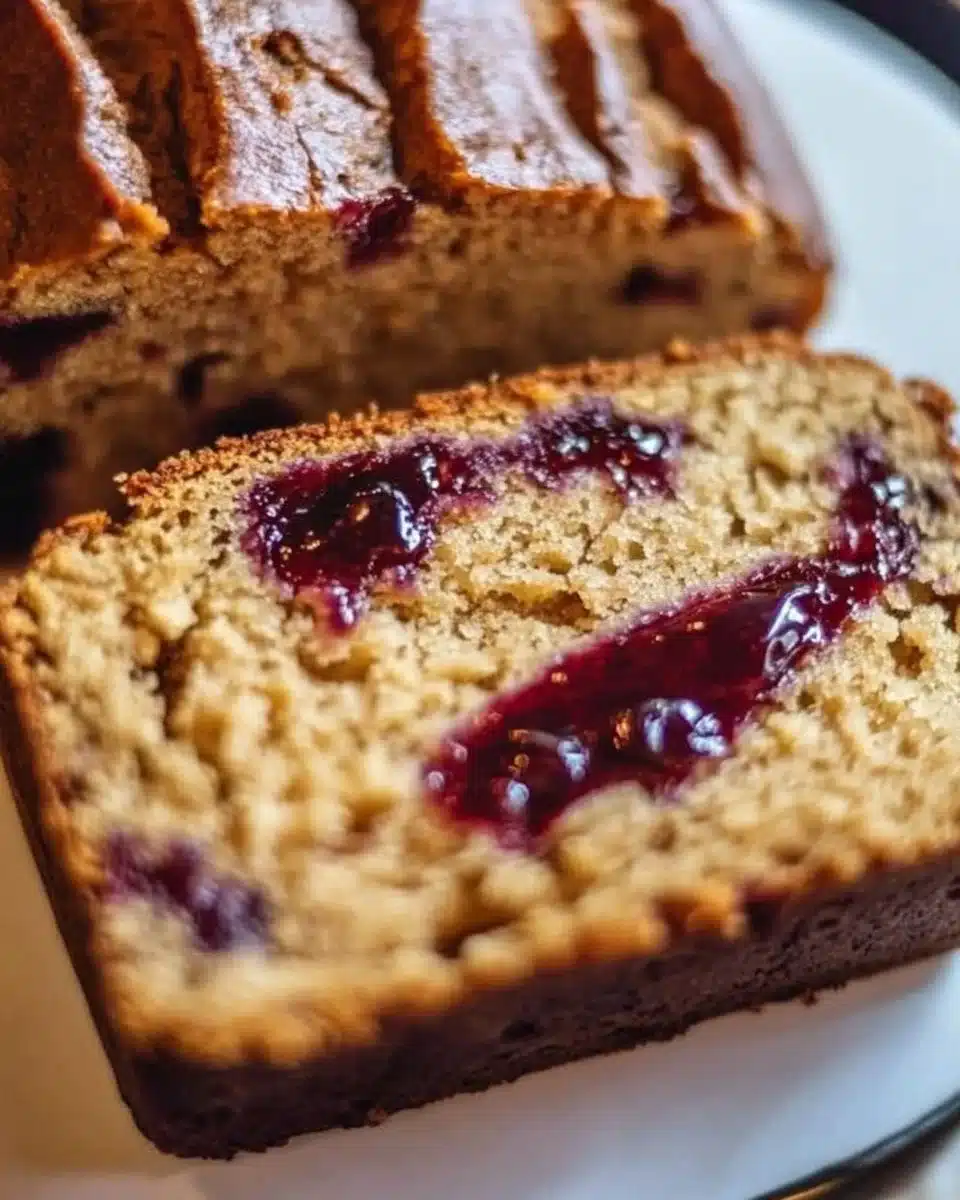 Peanut Butter and Jelly Banana Bread loaf with fresh banana slices