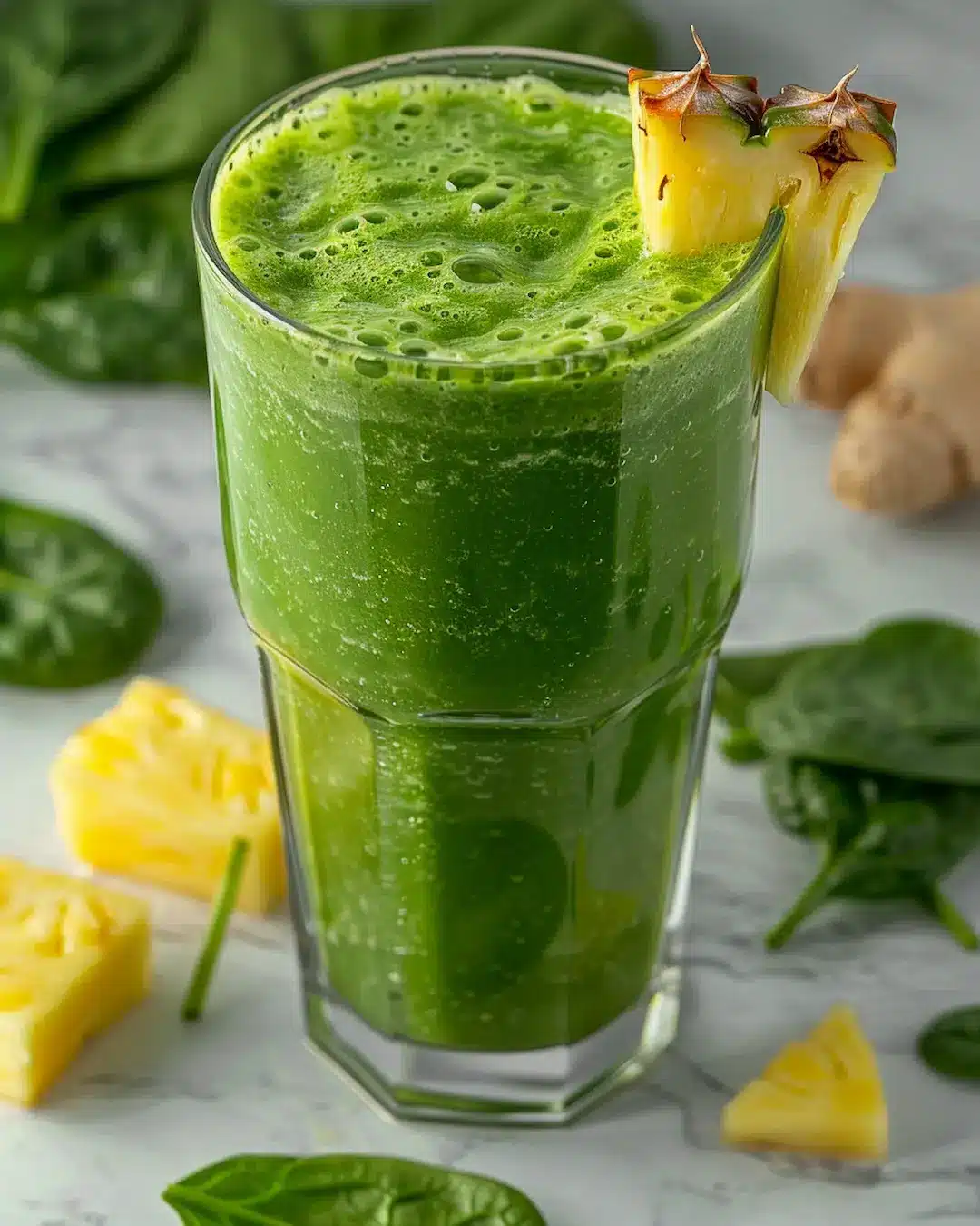 pineapple spinach ginger smoothie in glass with fresh ingredients