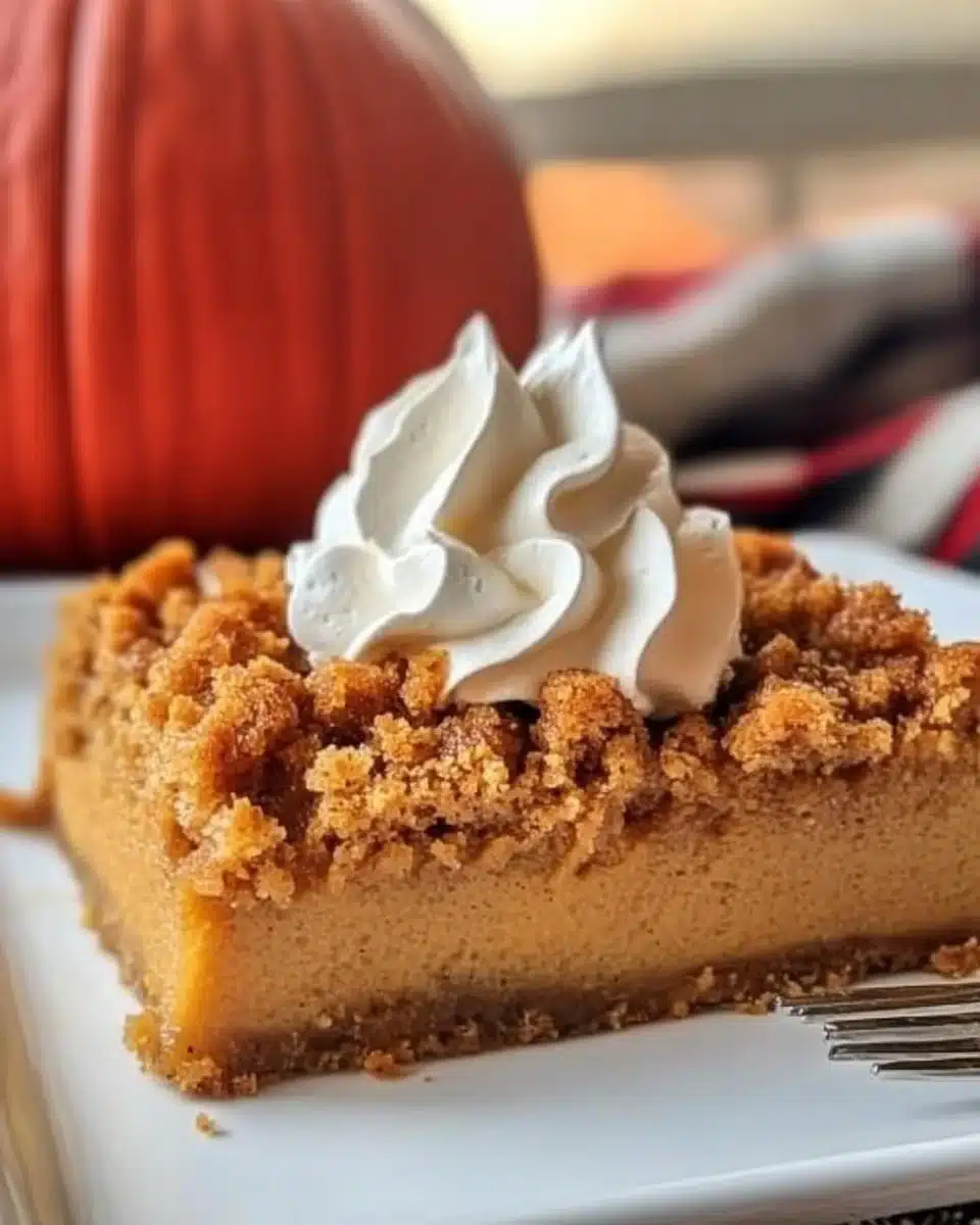 Delicious Pumpkin Pie Dump Cake served with whipped cream on a rustic table