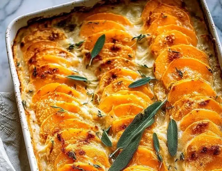 Delicious Rich Sage Butternut Squash Gratin topped with crispy breadcrumbs