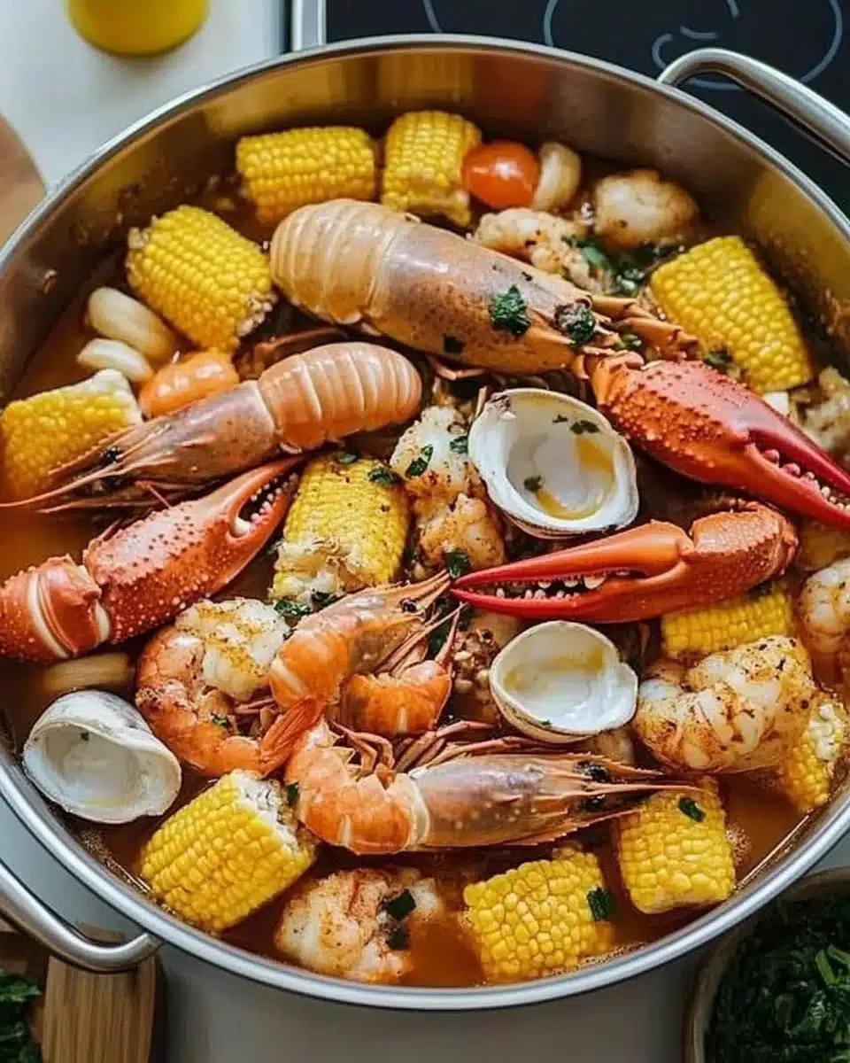 A vibrant seafood boils party feast featuring fresh shrimp, crab, and corn