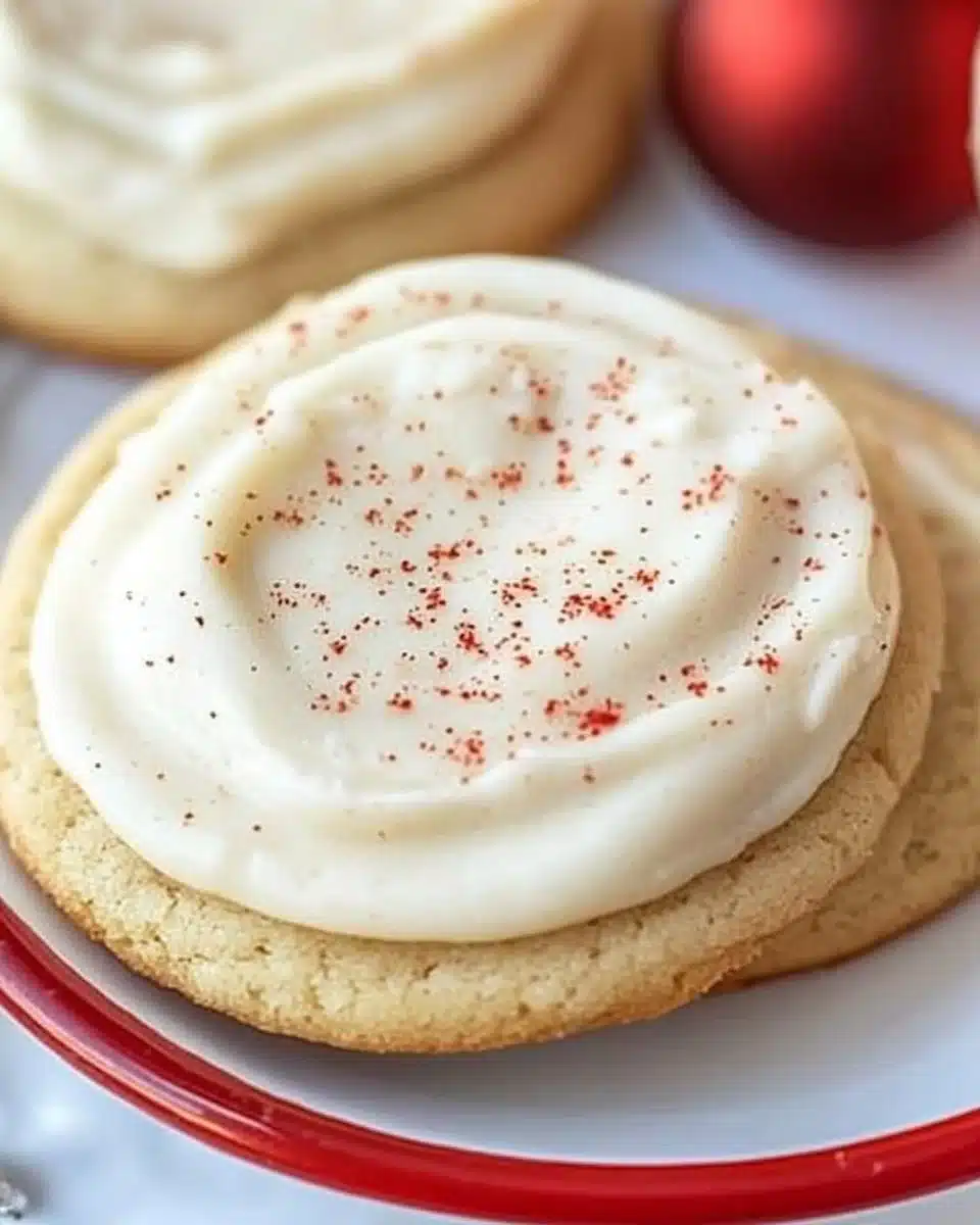 Soft eggnog cookies with creamy frosting on a decorative plate