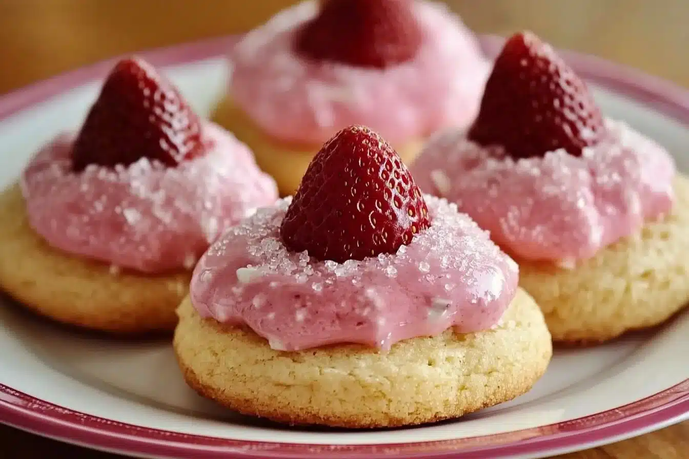 Delicious strawberry kiss cookies with a soft texture and sweet flavor.