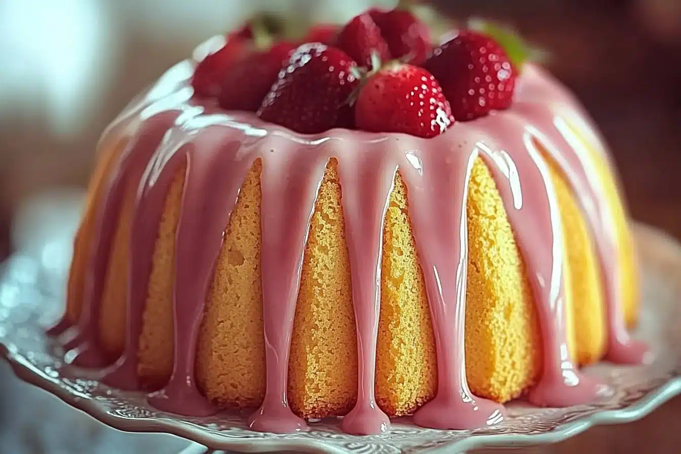 Slice of strawberry milkshake pound cake topped with whipped cream and strawberries.