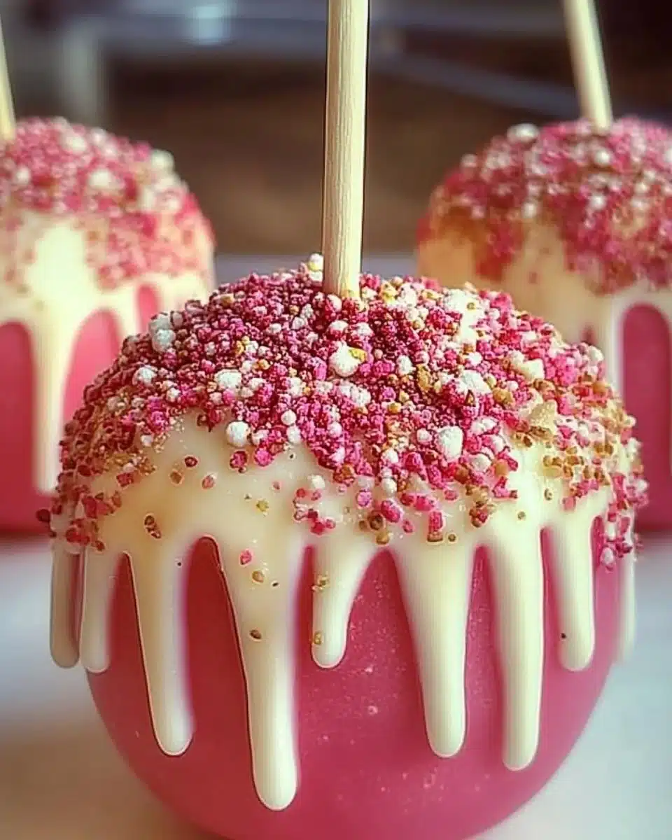 Strawberry shortcake candy apples with caramel drizzle and fresh strawberry topping.