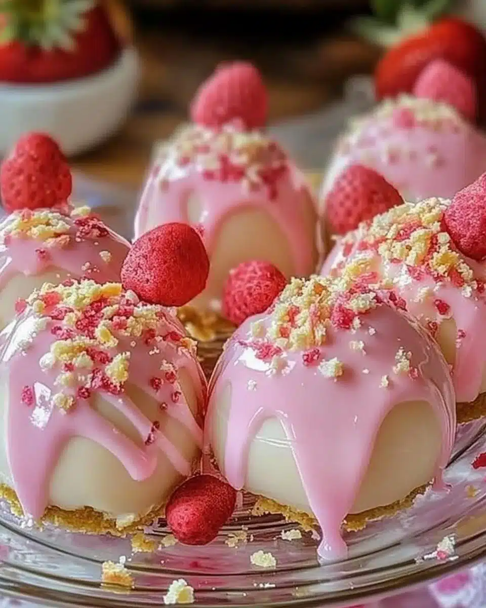 Strawberry Shortcake Cheesecake Truffles topped with fresh strawberries and cream