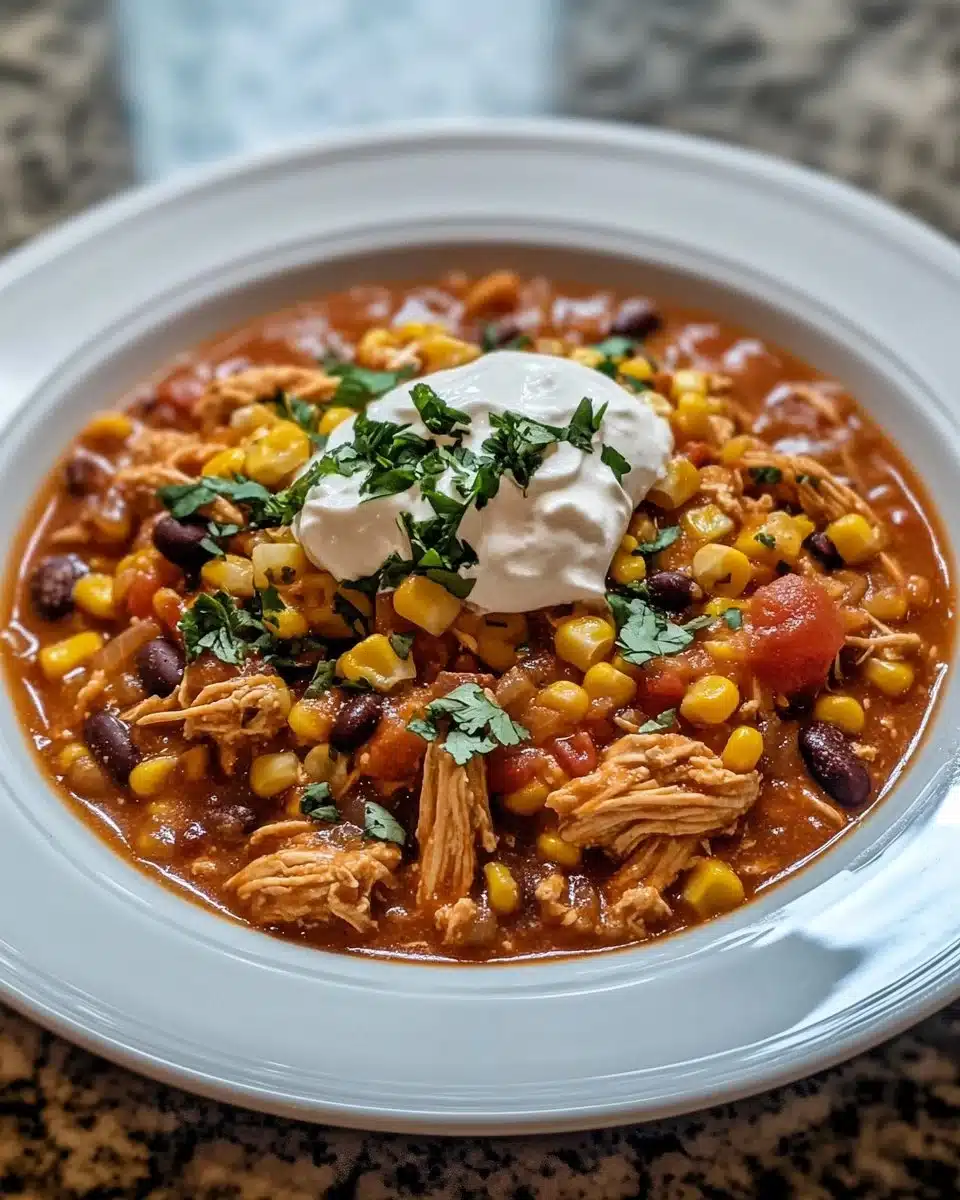 Bowl of flavorful Street Corn Chicken Chili topped with fresh cilantro and lime.