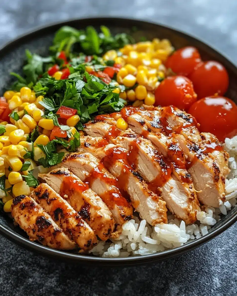 Street Corn Chicken Rice Bowl with chicken, rice, and colorful corn toppings