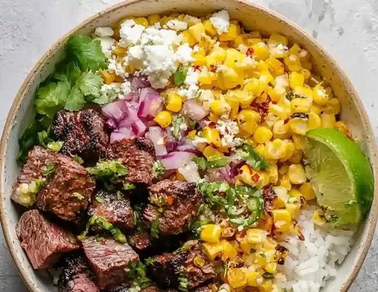 Delicious street corn steak rice bowls with fresh toppings and vibrant colors.