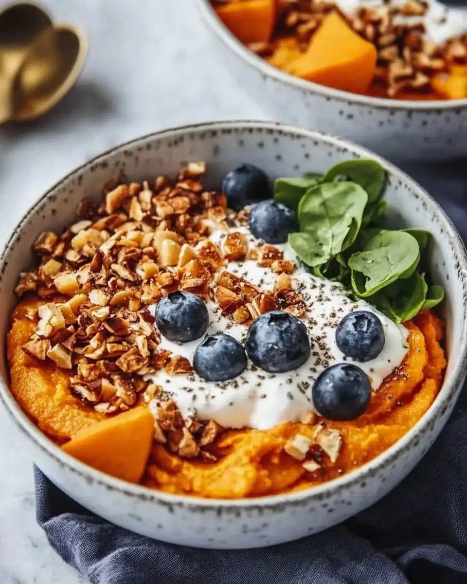 Colorful sweet potato breakfast bowls topped with fruits and nuts