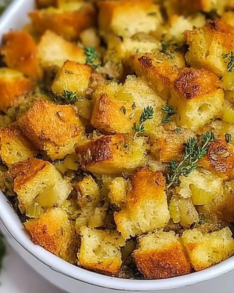 Homemade Thanksgiving stuffing with herbs and vegetables in a serving dish.