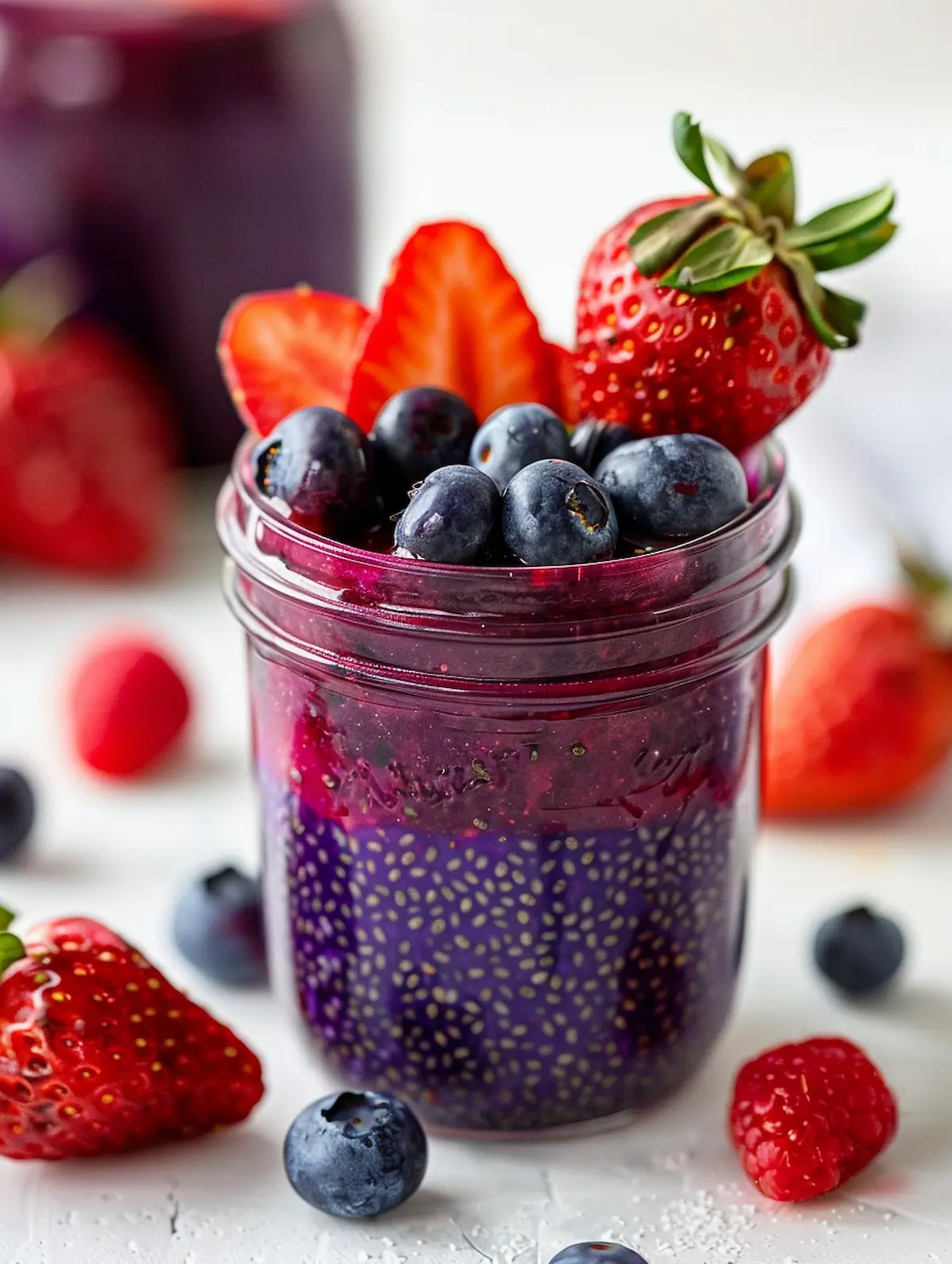 Easy three ingredient chia jello recipe in glass jar with fresh berries