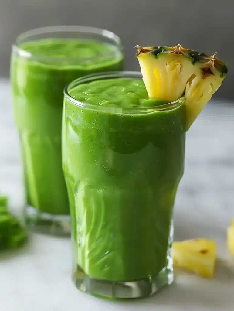 two glasses of pineapple spinach ginger smoothie ready to serve