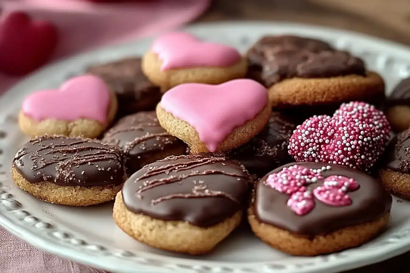 Delicious Valentine ganache cookies topped with rich chocolate ganache.