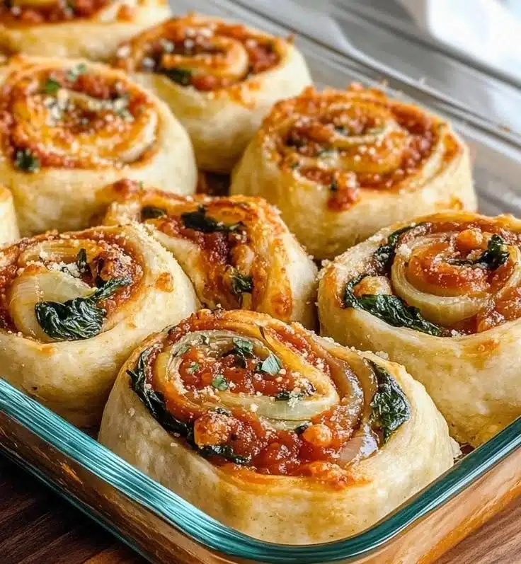 Vegan caramelized onion and spinach pizza rolls on a plate with dipping sauce.