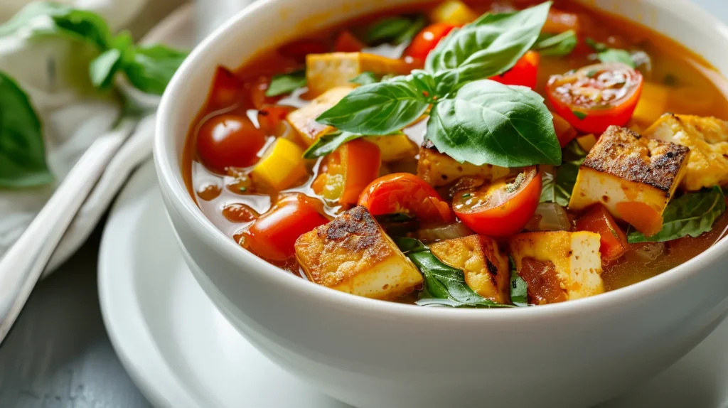Vegetable soup diet day 5 with grilled tofu, fresh tomatoes and soup for protein day