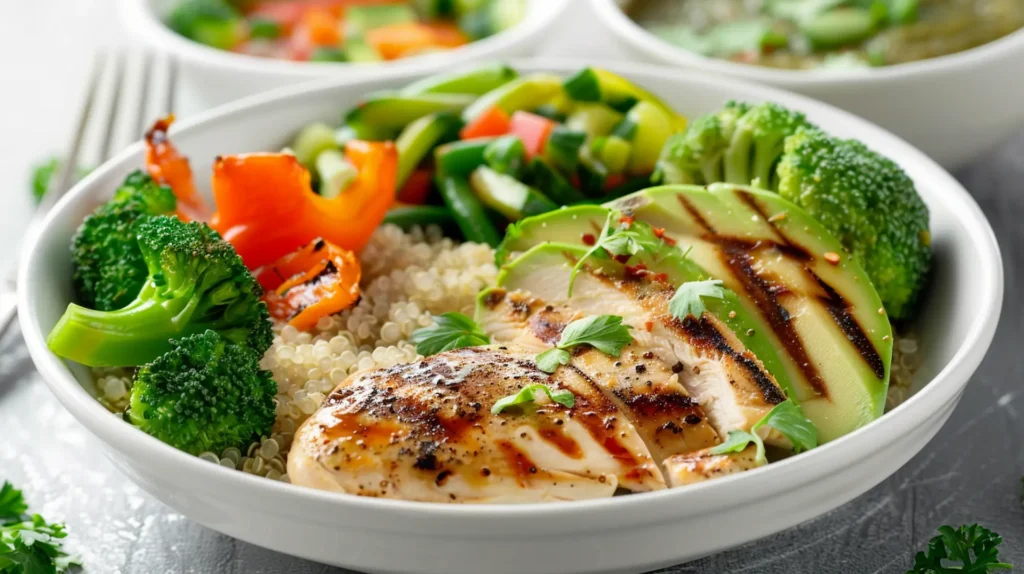 Post vegetable soup diet transition meal with protein, healthy fats, vegetables and small soup portion