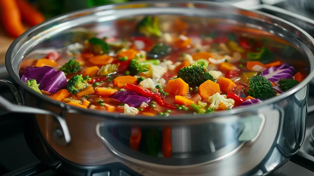 Vegetable soup recipe cooking in large pot on stovetop with colorful vegetables simmering