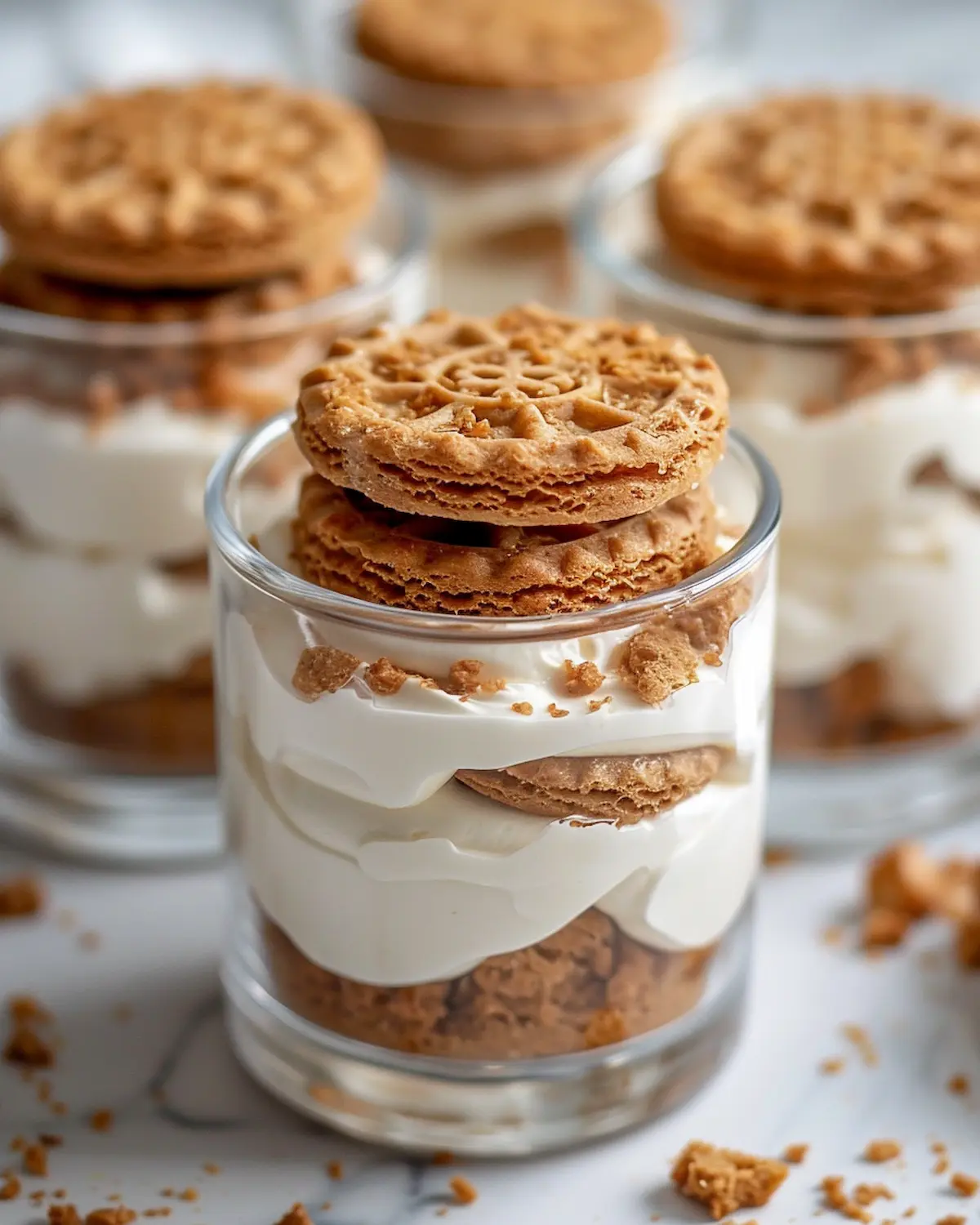 Viral Japanese yogurt cheesecake made with Greek yogurt and Biscoff cookies in glass container
