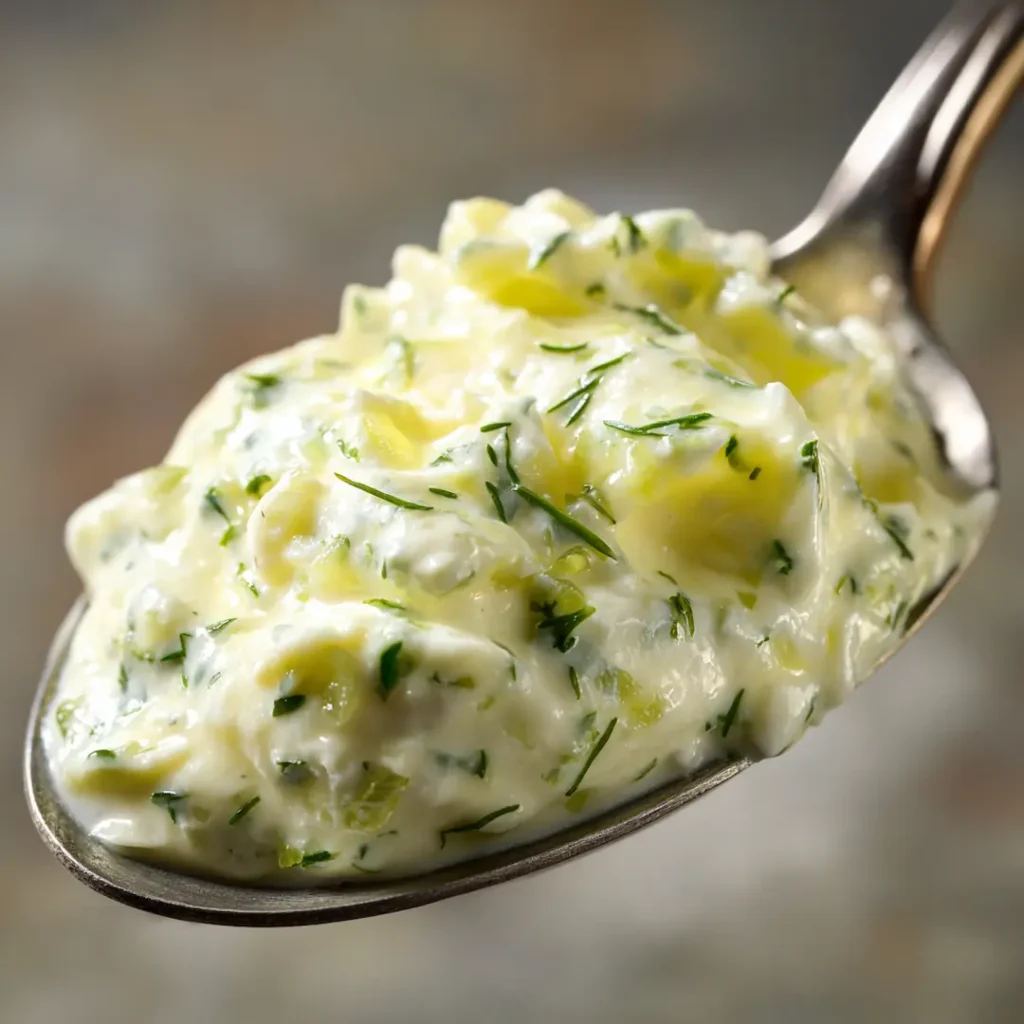 3-ingredient-tartar-sauce-creamy-texture-close-up Extreme close-up of homemade 3 ingredient tartar sauce on a spoon showing creamy texture and dill pickle pieces