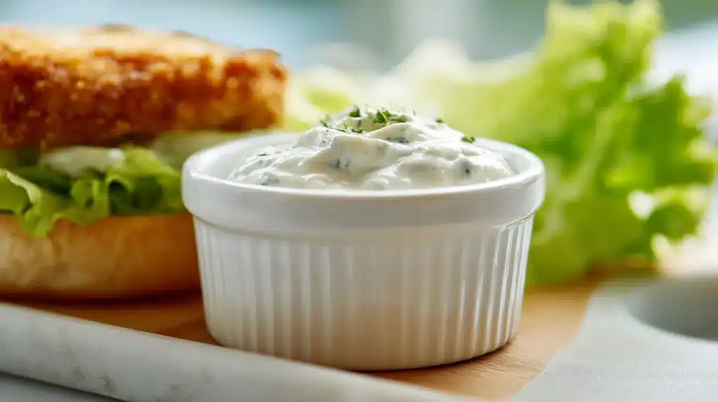 3-ingredient-tartar-sauce-final-hero-styled 3 ingredient tartar sauce in a white ramekin slightly overflowing beside a crispy fried fish sandwich styled shot