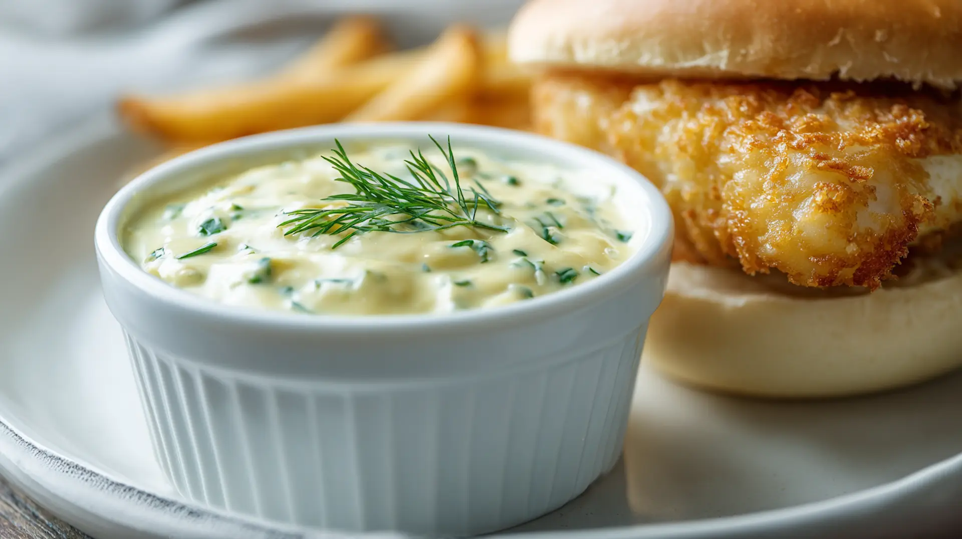 3 ingredient tartar sauce in a small white ceramic bowl beside a crispy fried fish sandwich